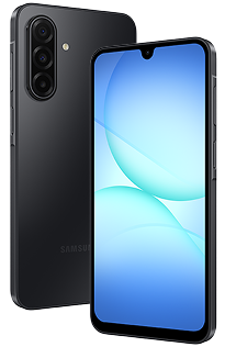 Two black Galaxy A17 5G smartphones at an angle, showing the front and back and emphasizing the slim design.