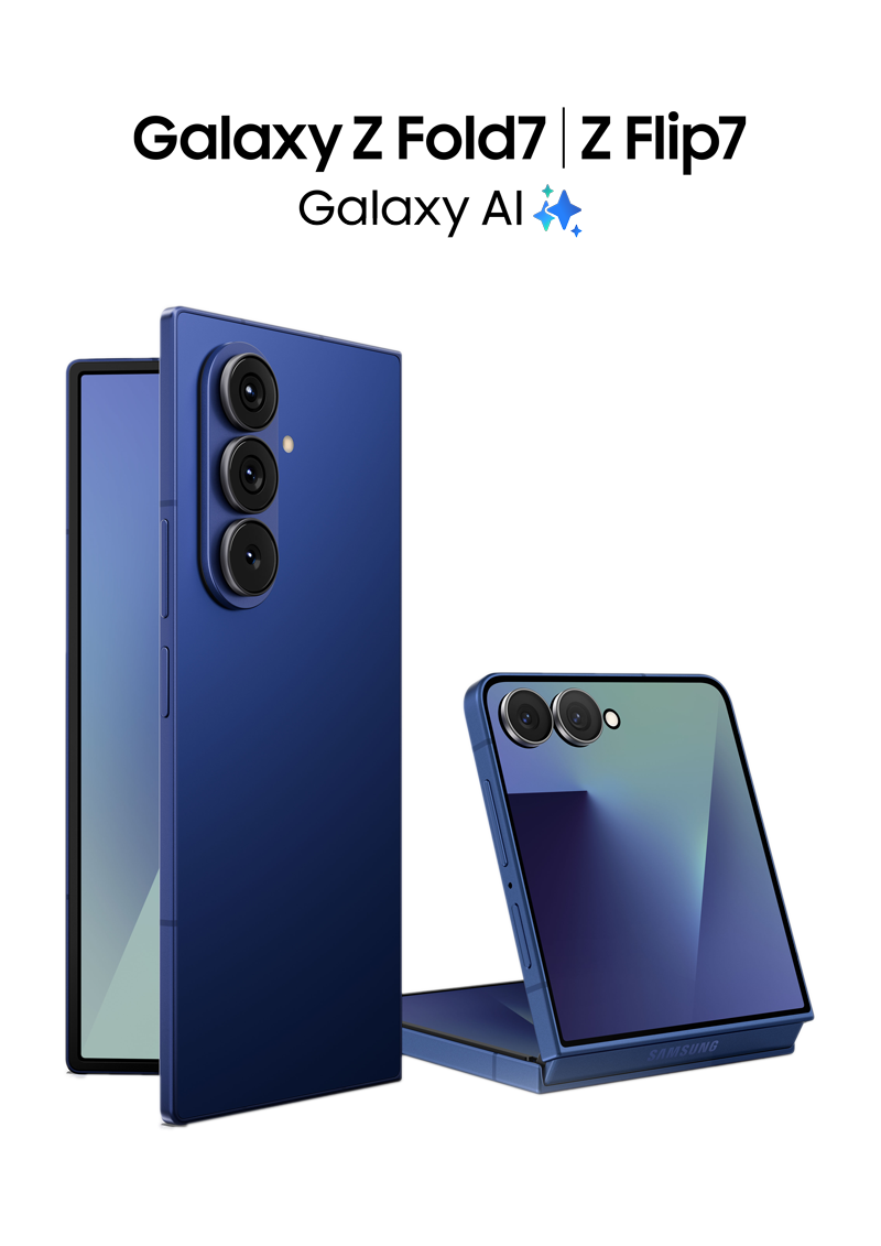 Galaxy Z Fold7 and Z Flip7 in blue color. Galaxy Z Flip7 is bent in an “L” shape.